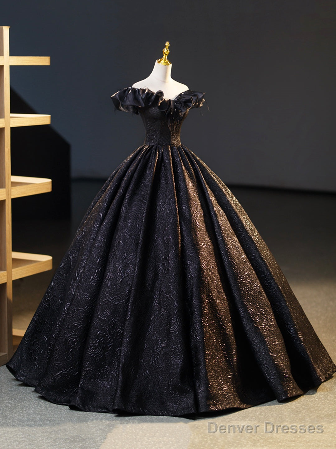 Black V-Neck Floor Length Formal Dress, A-Line Off the Shoulder Evening Party Dress