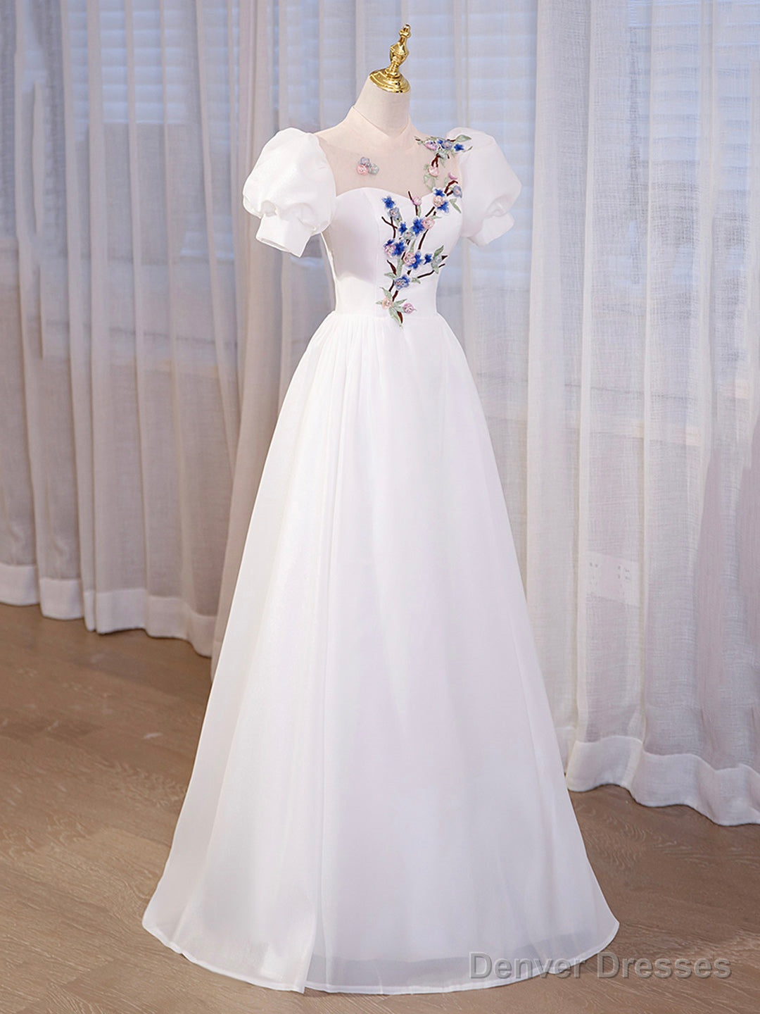Elegant White Tulle Appliques Long Prom Dress, White High Neck A-Line Evening Dress Main image