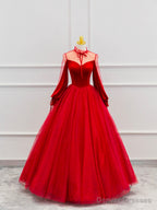 Red Velvet Tulle Floor Length Prom Dress, Beautiful Long Sleeve Evening Party Dress