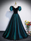 Unique Black Velvet and Tulle Long Prom Dress, A-Line Short Sleeve Evening Party Dress