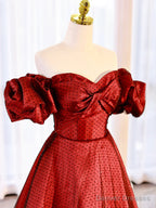 Burgundy Satin Polka Dot Tulle Prom Dress, Lovely Floor Length Short Sleeve Evening Dress