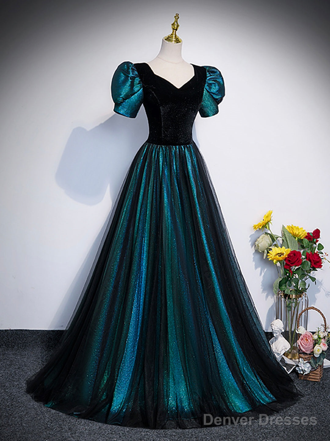 Unique Black Velvet and Tulle Long Prom Dress, A-Line Short Sleeve Evening Party Dress Secondary image