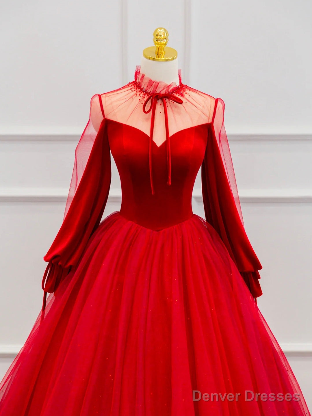 Red Velvet Tulle Floor Length Prom Dress, Beautiful Long Sleeve Evening Party Dress Secondary image
