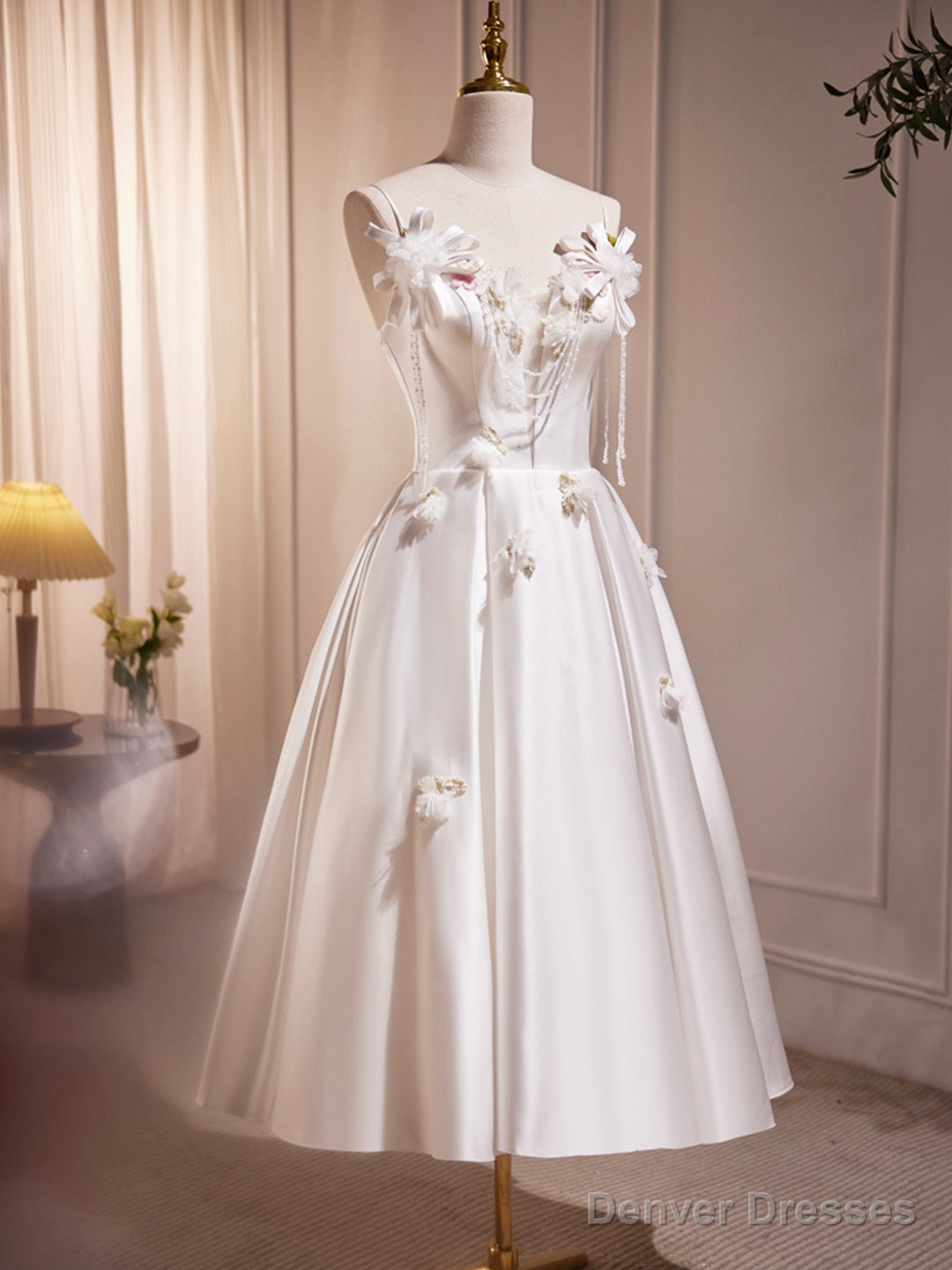 White Spaghetti Strap Satin Short Prom Dress, White V-Neck Evening Party Dress Secondary image