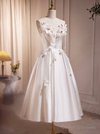 White Spaghetti Strap Satin Short Prom Dress, White V-Neck Evening Party Dress