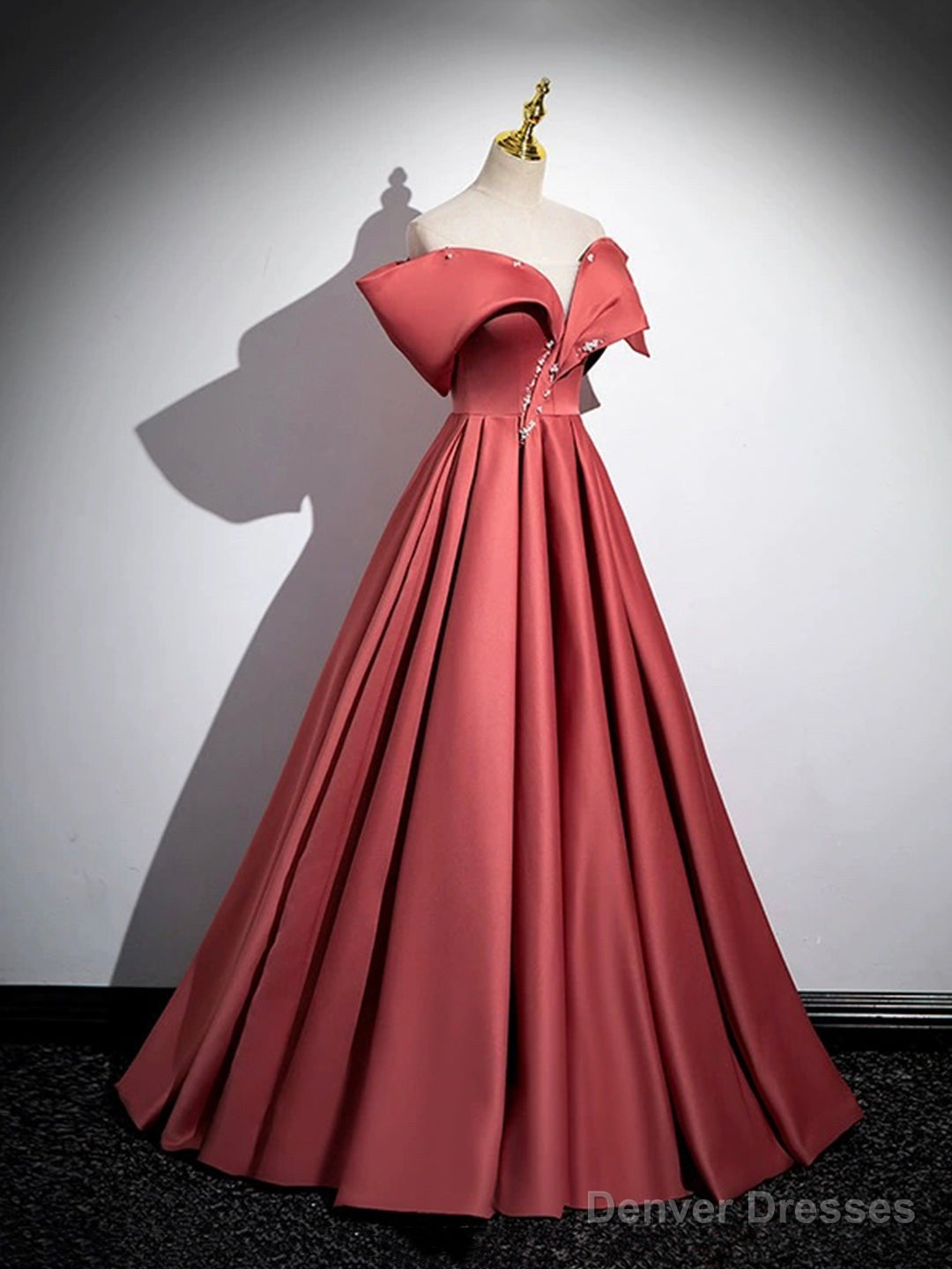 Beautiful Satin Off Shoulder Long Party Dress, A-Line Pearl Floor Length Prom Dress