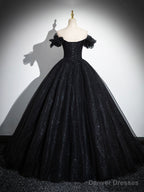 Sparkly Tulle Black Sweetheart Ball Gown, A-Line Off the Shoulder Evening Dress
