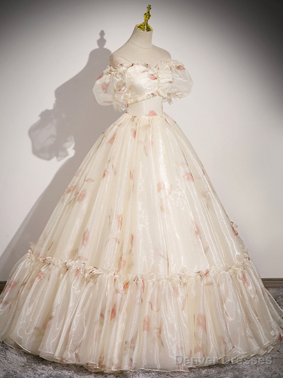 Champagne Floral Tulle Long Prom Dress, Beautiful Short Sleeve A-Line Evening Party Dress Main image