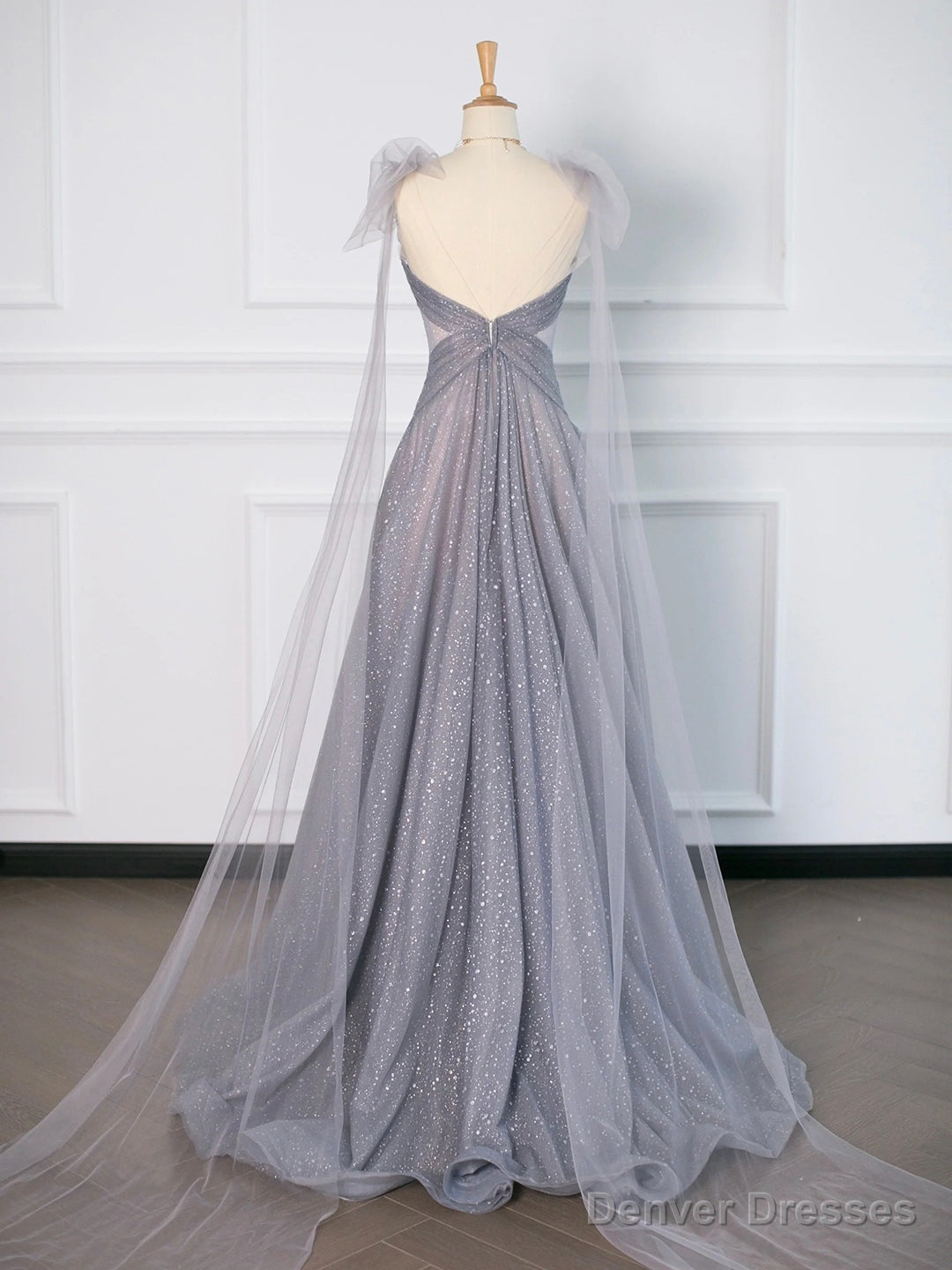 Gray Tulle V-Neck Floor Length Prom Dress, A-Line Backless Evening Party Dress Secondary image