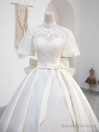 Beautiful Sweetheart Neck Satin Long Prom Dress with Detachable Lace Top, White Formal Wedding  Dress