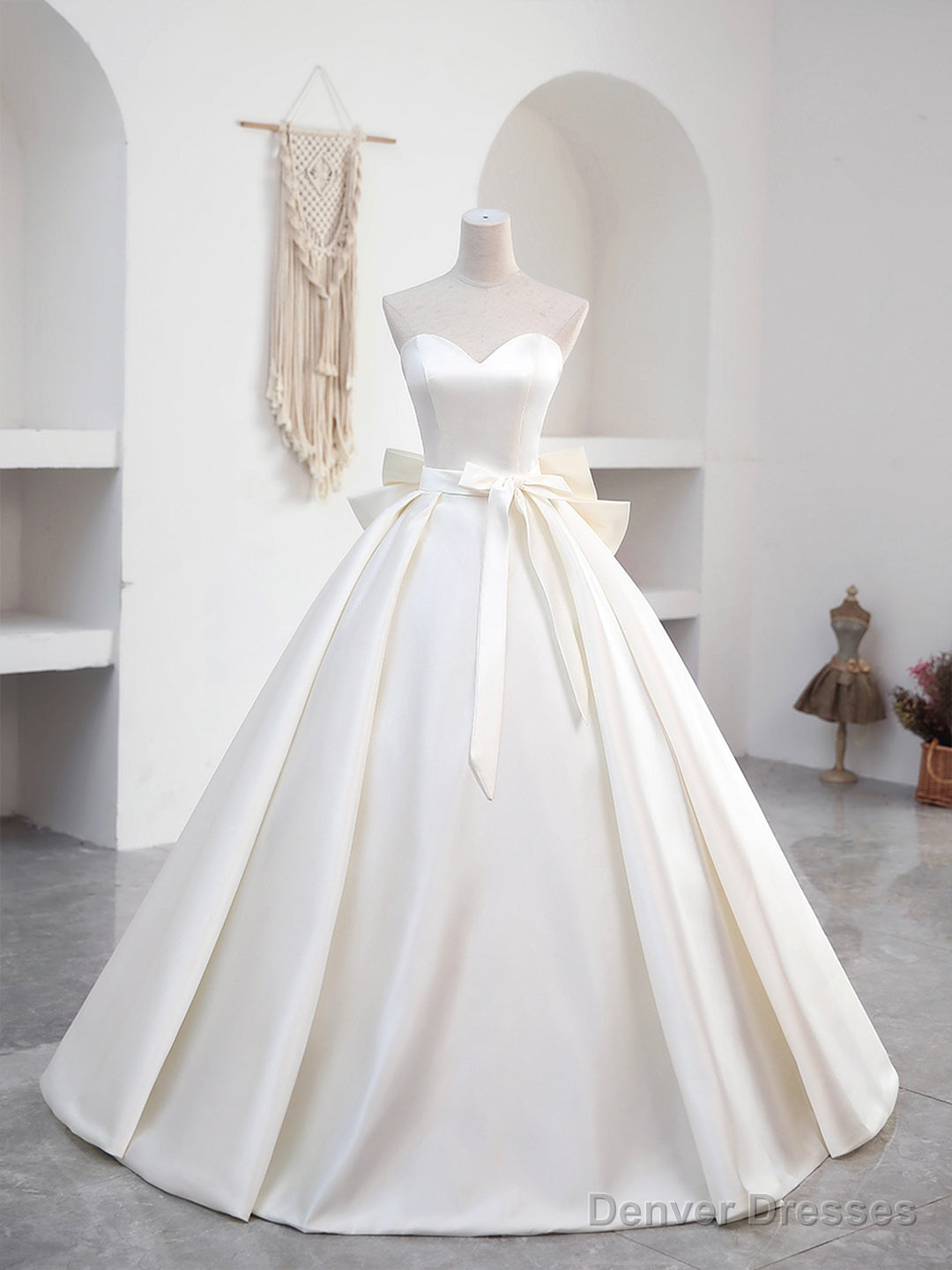 Beautiful Sweetheart Neck Satin Long Prom Dress with Detachable Lace Top, White Formal Wedding  Dress Main image