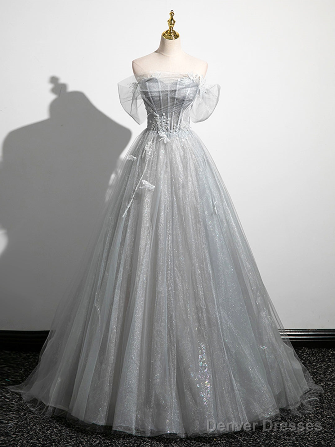 A-Line Off the Shoulder Sparkly Prom Dress, Gray Tulle Corset Floor Length Evening Dress