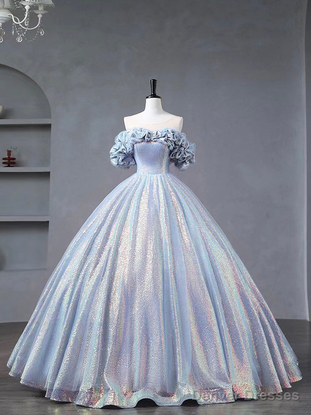 Blue Tulle Sequins Long Formal Dress, Off the Shoulder Princess Dress Sweet 16 Dress Main image