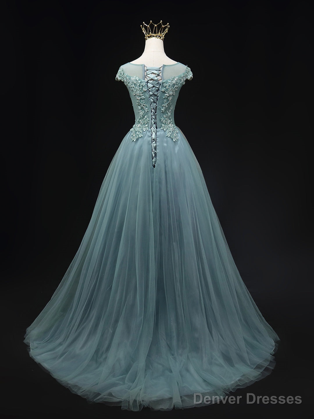 Blue Scoop Neckline Tulle Lace Long Prom Dress, Beautiful Lace Formal Evening Dress Main image