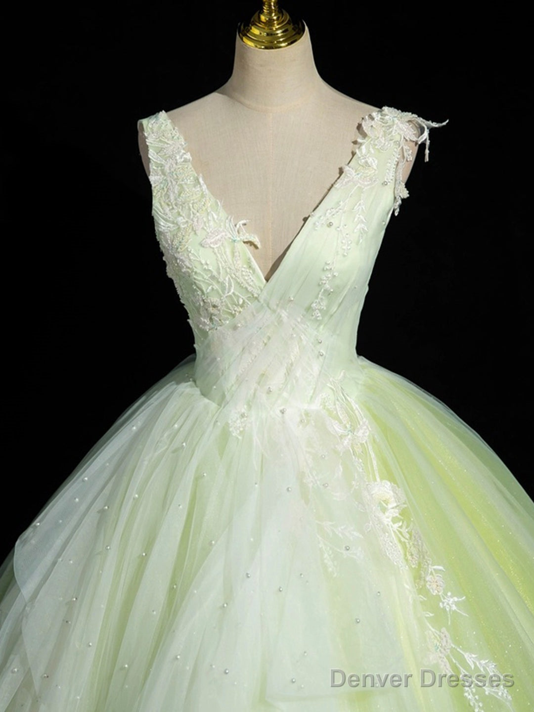 Green V-Neck Tulle Lace Long Prom Dress, A-Line Sleeveless Evening Dress Secondary image