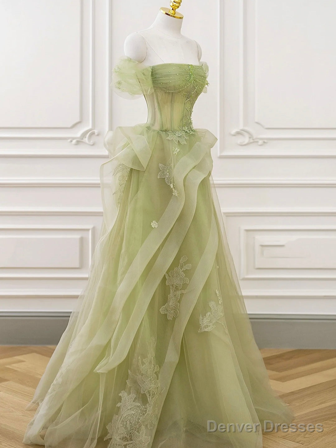 Green Tulle Long Floor Length Prom Dress, Beautiful A-Line Evening Party Dress with Lace Main image