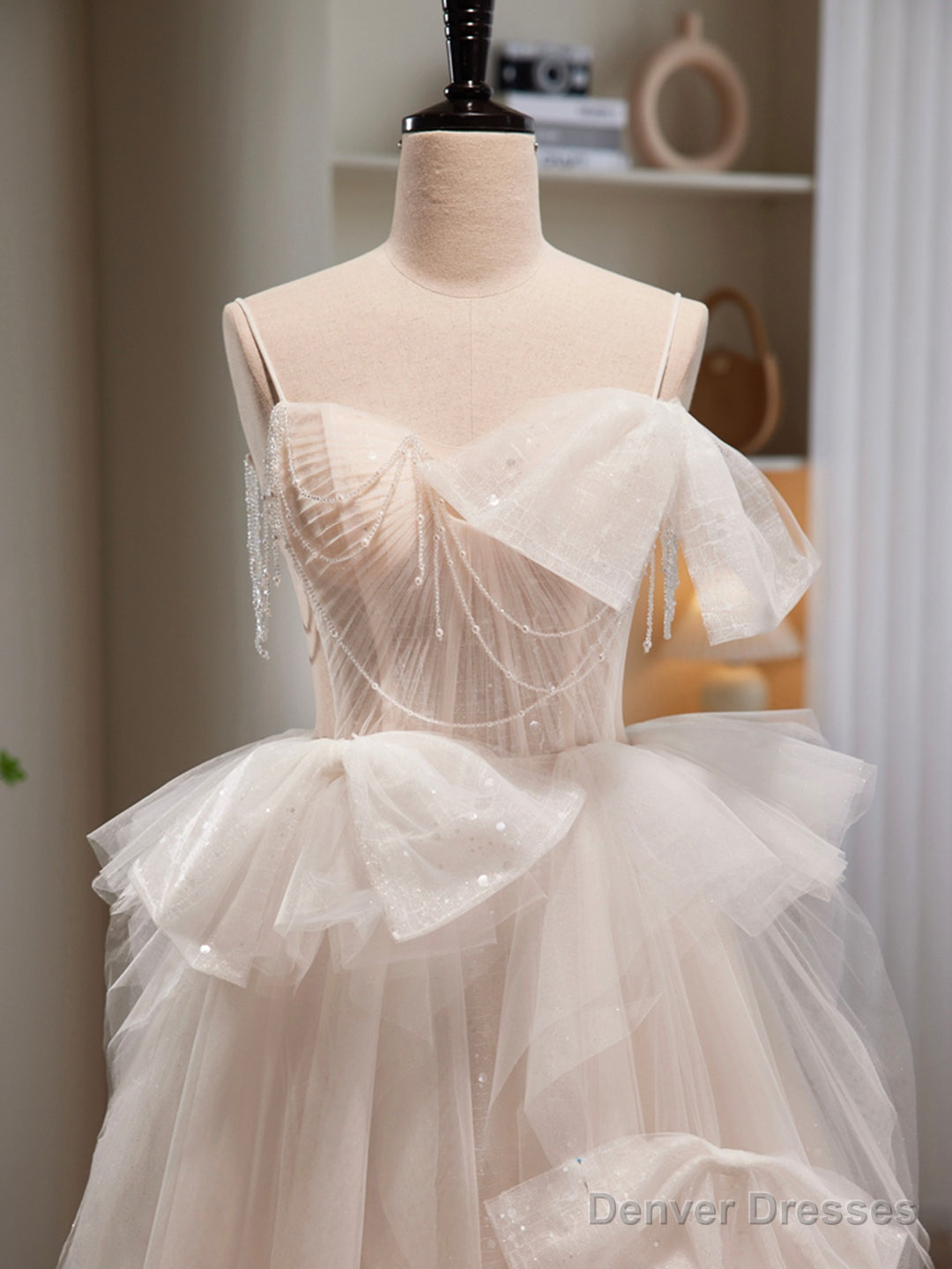 Light Champagne Tulle Long Princesse Dress, Lovely Spaghetti Straps Evening Party Dress Secondary image