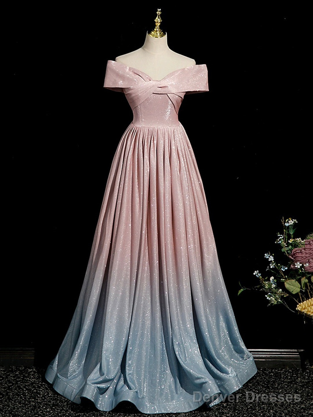 Pink Gradient Shiny Floor Length Prom Dress, Off Shoulder A-Line Evening Party Dress Main image