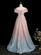 Pink Gradient Shiny Floor Length Prom Dress, Off Shoulder A-Line Evening Party Dress