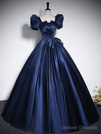 Elegant Blue Satin Floor-Length Prom Dresses, Square Neckline Puffy Short Sleeve Bow Formal Dresses