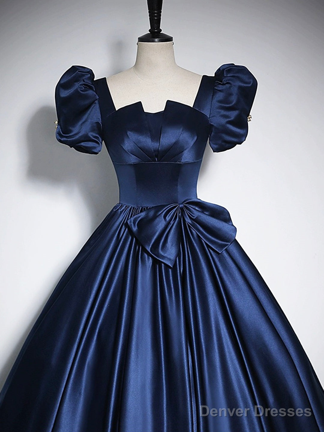 Elegant Blue Satin Floor-Length Prom Dresses, Square Neckline Puffy Short Sleeve Bow Formal Dresses Secondary image