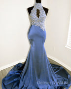 Magenta Mermaid Lace Applique Halter Prom Dress