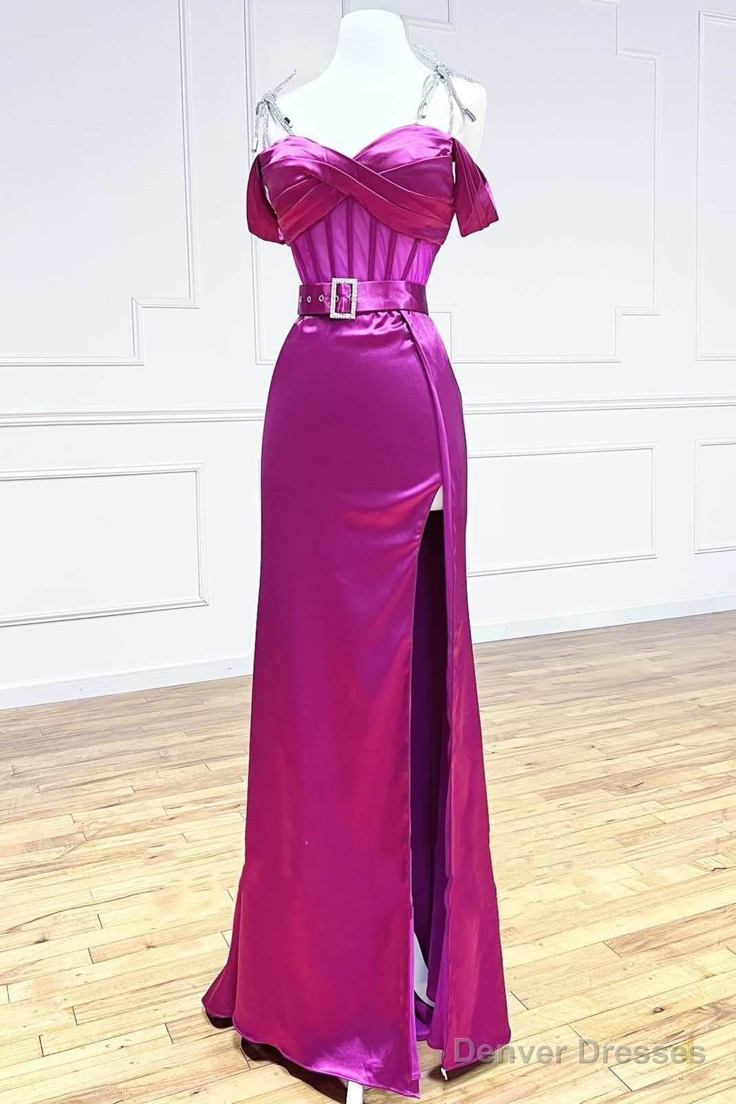 Magenta Sweetheart Belted A-Line Prom Dress with Slit Main image
