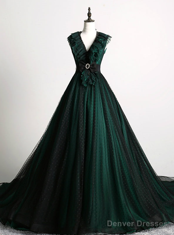 Make Your Prom a Dream Dark Green Ball Gown Tulle V-neck Backless Quinceanera Dress With Train