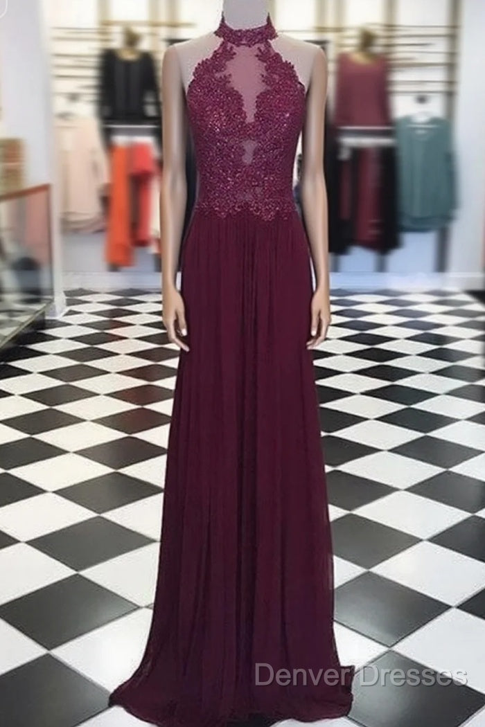 Maroon Hight Neck Lace Long Prom Dress, Maroon Evening Dress