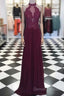 Maroon Hight Neck Lace Long Prom Dress, Maroon Evening Dress