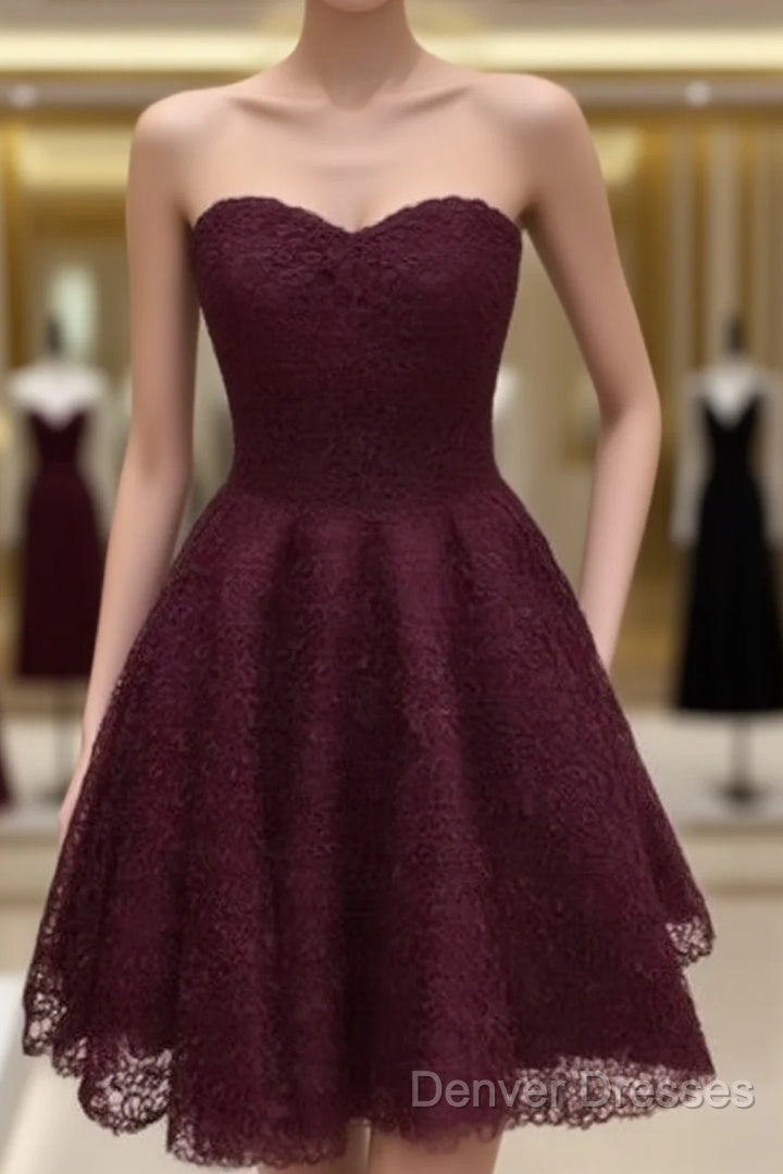 Maroon Homecoming Dress, Lace Short Prom Dress, Party Dress, Prom Dress