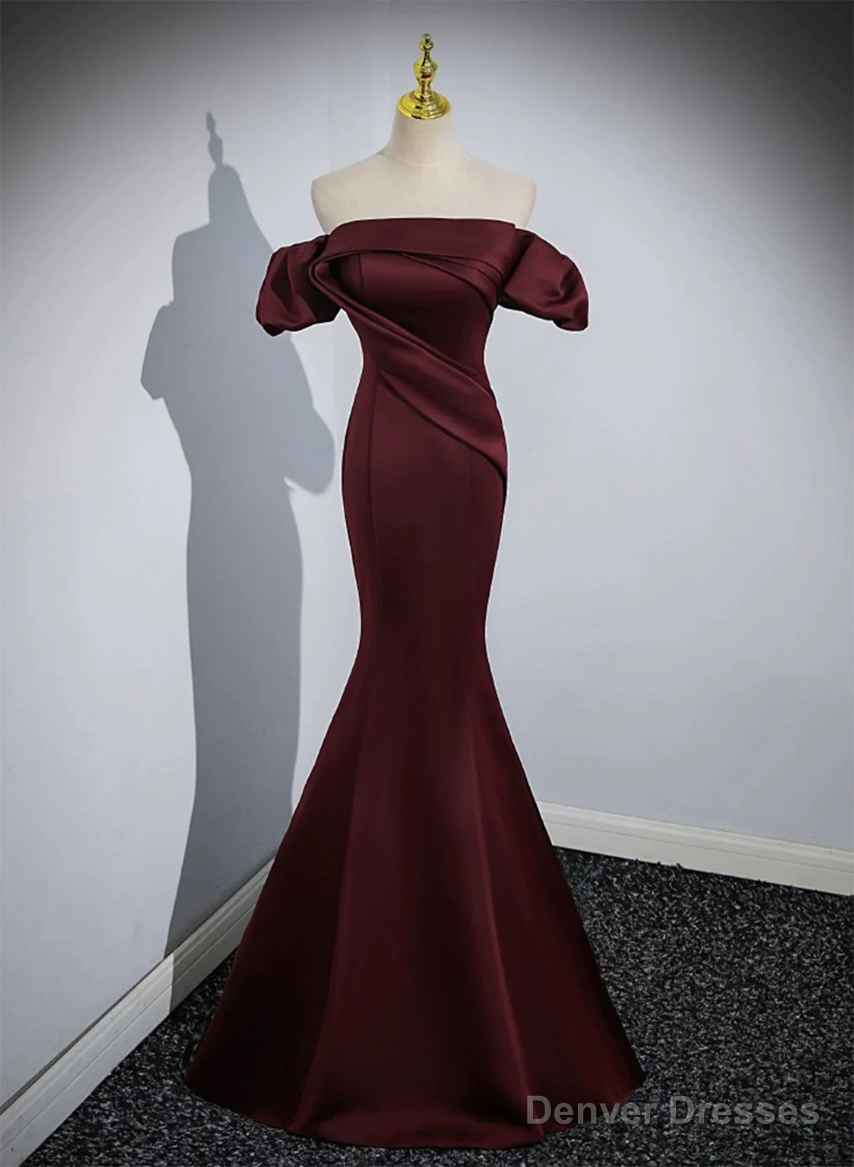 Maroon Satin Mermaid Off Shoulder Prom Dress, Maroon Party Dress Main image