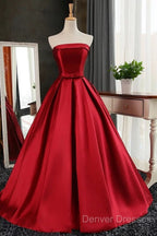 Maroon Satin Strapless Ball Gowns Quinceanera Dress