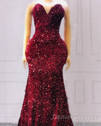 Maroon Sequin Prom Dress Mermaid Strapless
