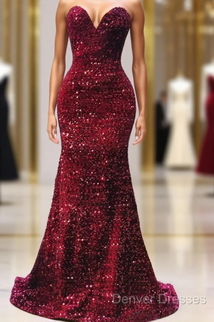 Maroon Sequin Prom Dress Mermaid Strapless