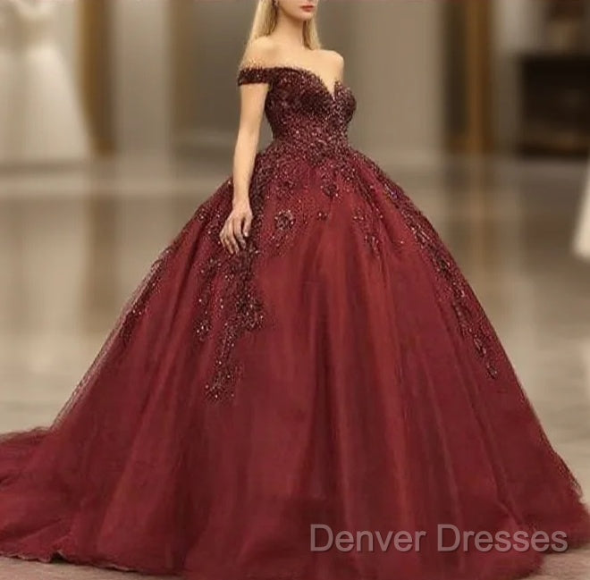 Maroon Wedding Dress Off Shoulder Prom Dress