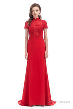 Mermaid Appliques Beading High Neck Short Sleeve Prom Dresses