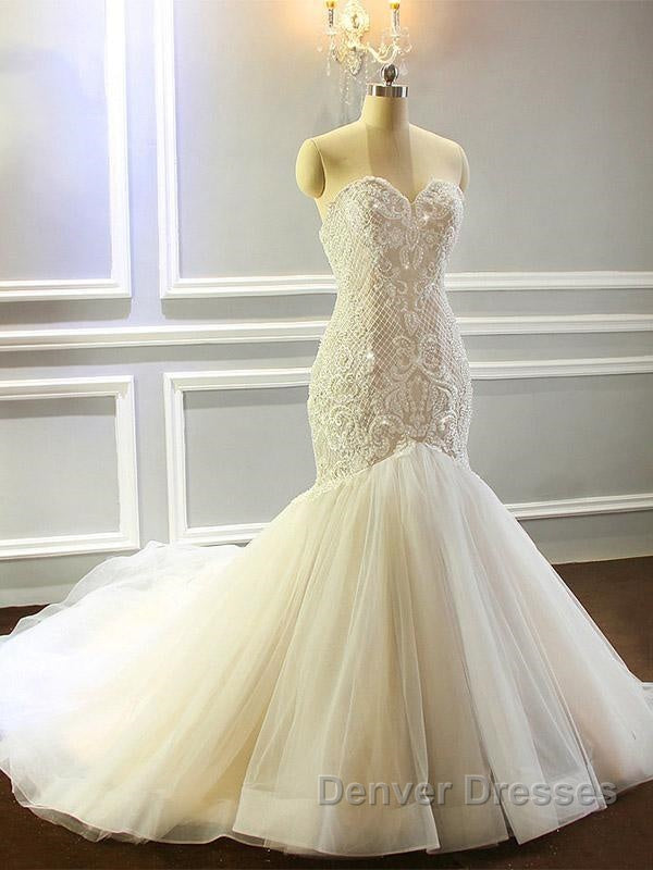 Mermaid Appliques Sweetheart Wedding Dress Sleeveless Tulle Pleated Bridal Gowns