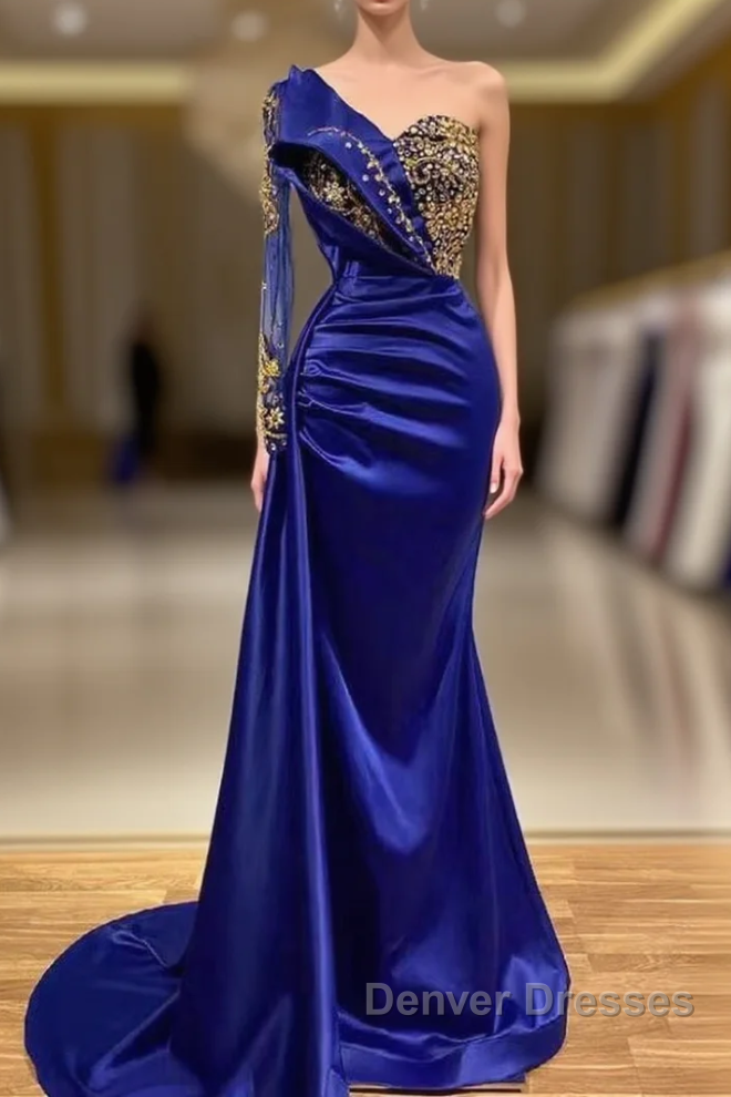 Mermaid Asymmetrical Sequined Floor-length Appliques Lace With Side Train Prom Dress Main image