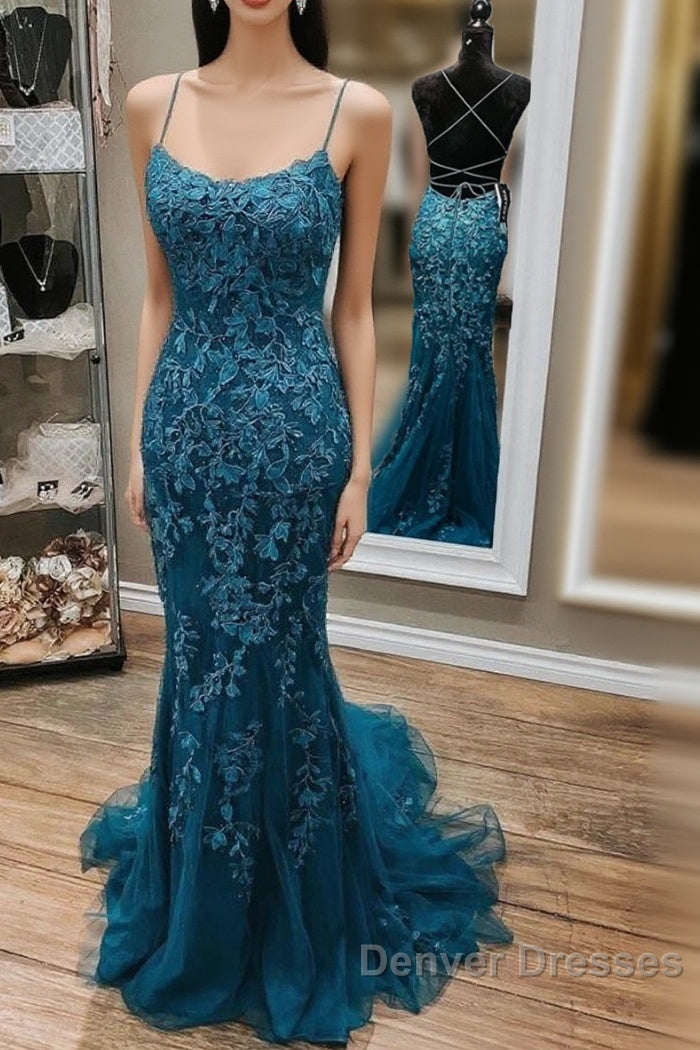 Mermaid Backless Dark Teal Lace Long Prom Dress Main image
