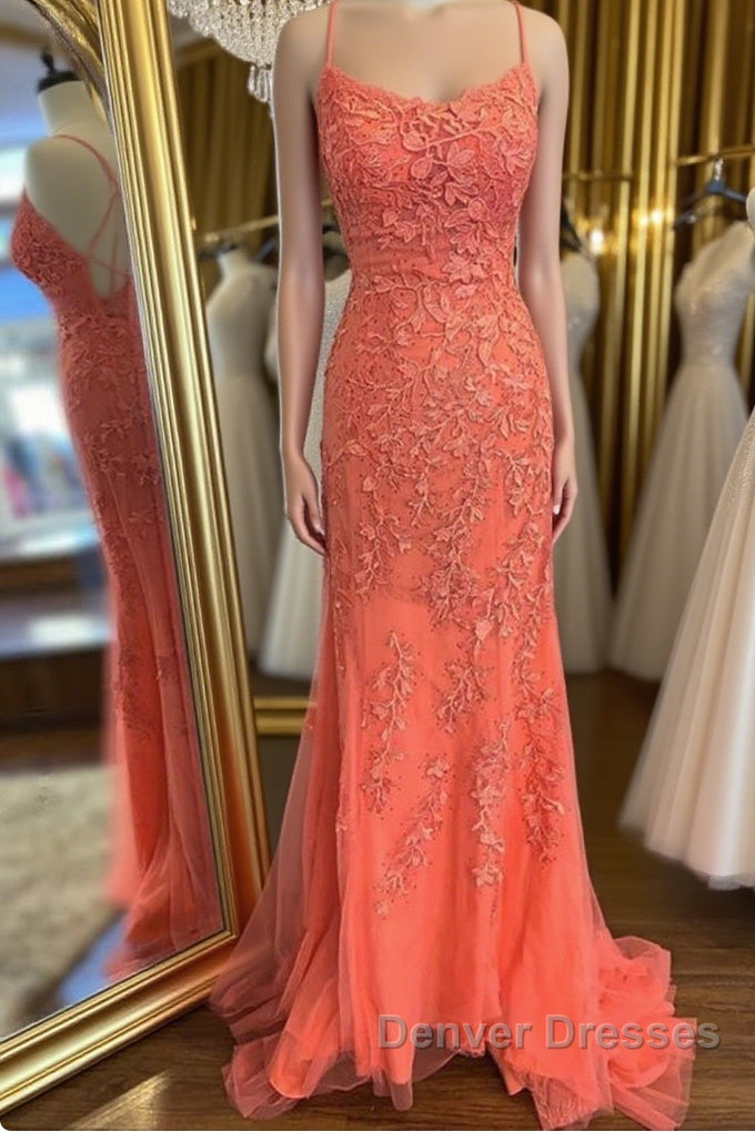 Mermaid Backless Orange Lace Long Prom Dress, Mermaid Orange Lace Formal Dress, Orange Lace Evening Dress Main image