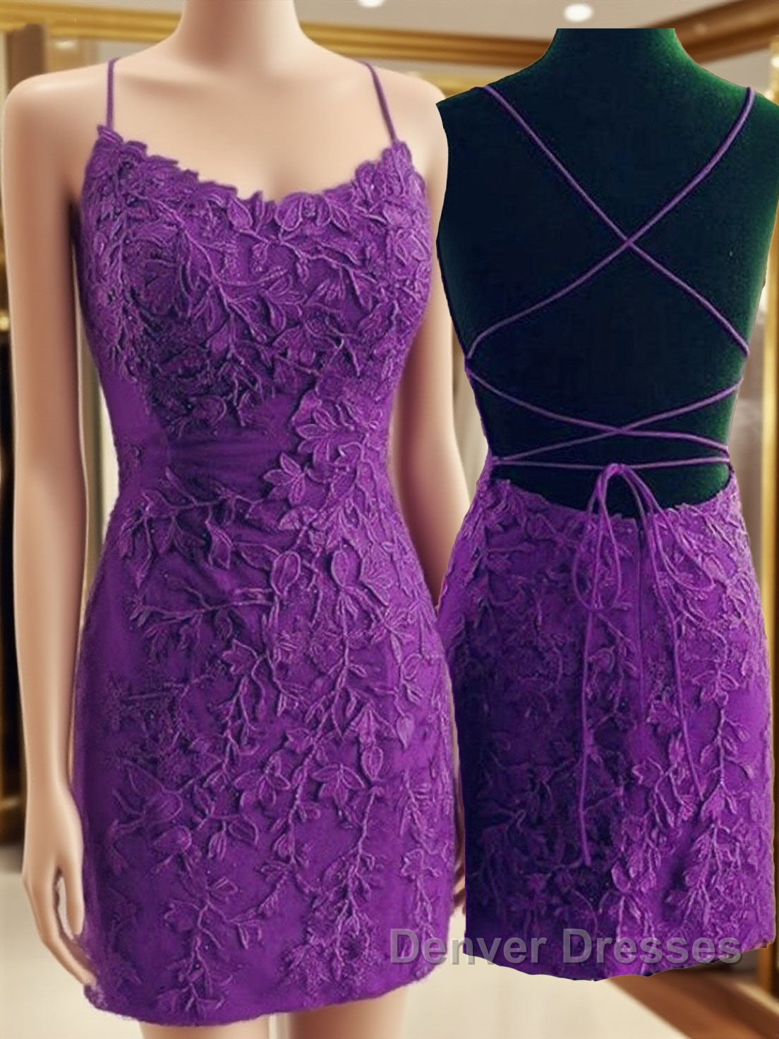 Mermaid Backless Purple Lace Prom Dress, Mermaid Purple Homecoming Dress, Short Purple Lace Formal Evening Dress