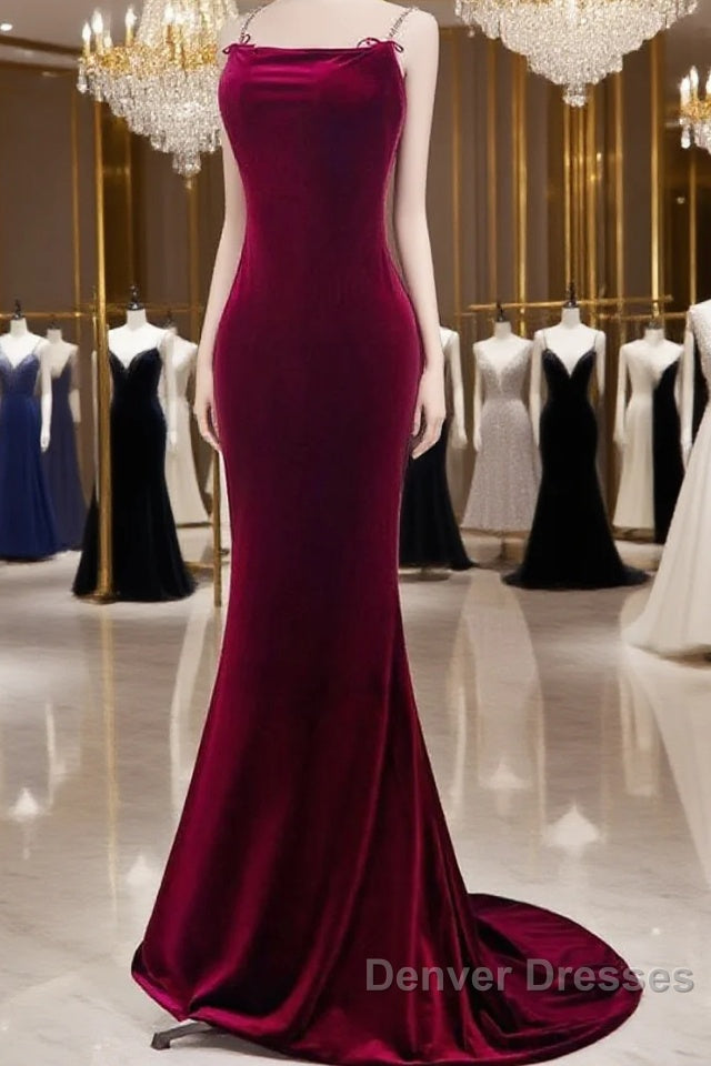 Mermaid Backless Velvet Burgundy Long Prom Dress With Beads Main image