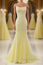 Mermaid Backless Yellow Lace Long Prom Dress, Mermaid Yellow Formal Dress, Yellow Lace Evening Dress