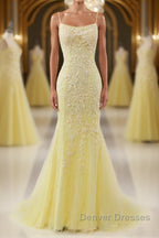 Mermaid Backless Yellow Lace Long Prom Dress, Mermaid Yellow Formal Dress, Yellow Lace Evening Dress