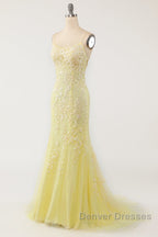 Mermaid Backless Yellow Lace Long Prom Dress, Mermaid Yellow Formal Dress, Yellow Lace Evening Dress