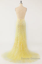 Mermaid Backless Yellow Lace Long Prom Dress, Mermaid Yellow Formal Dress, Yellow Lace Evening Dress