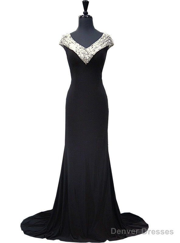 Mermaid Beaded Crystals Floor Length Black Prom Dress Main image
