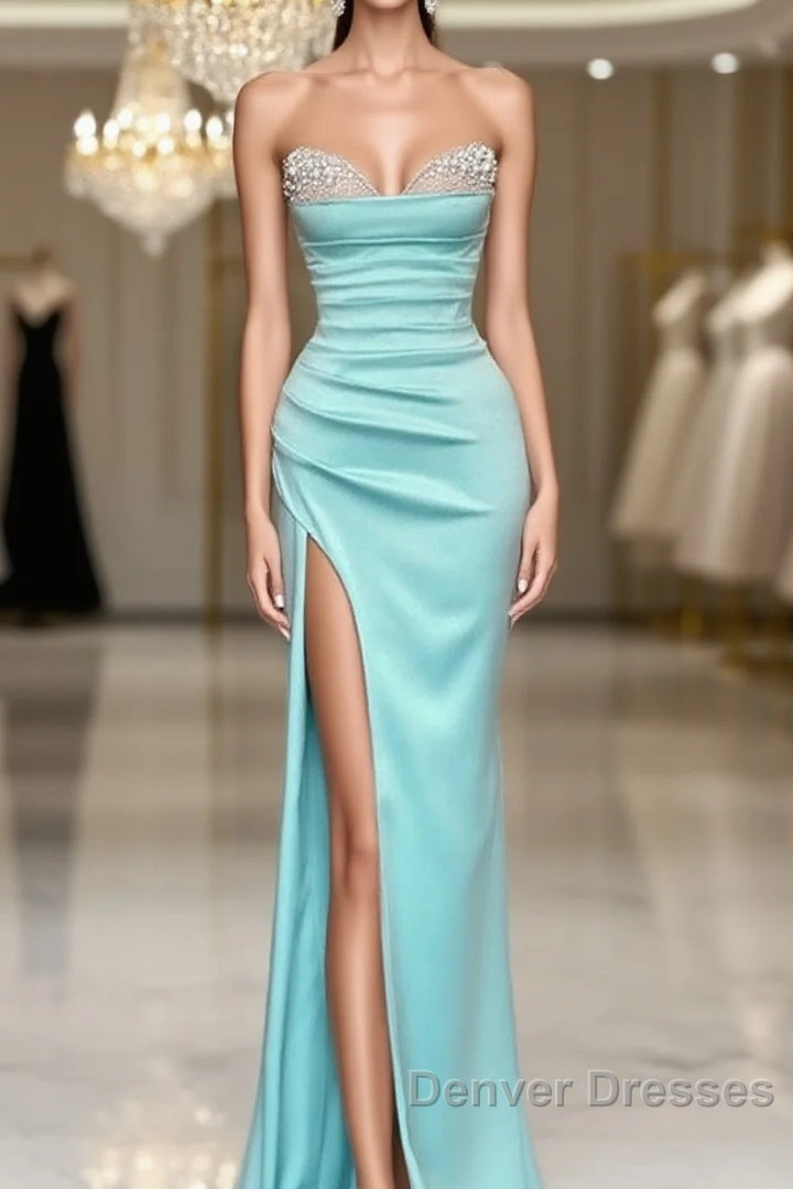 Mermaid Beaded Strapless Blue Satin Split Dress Main image