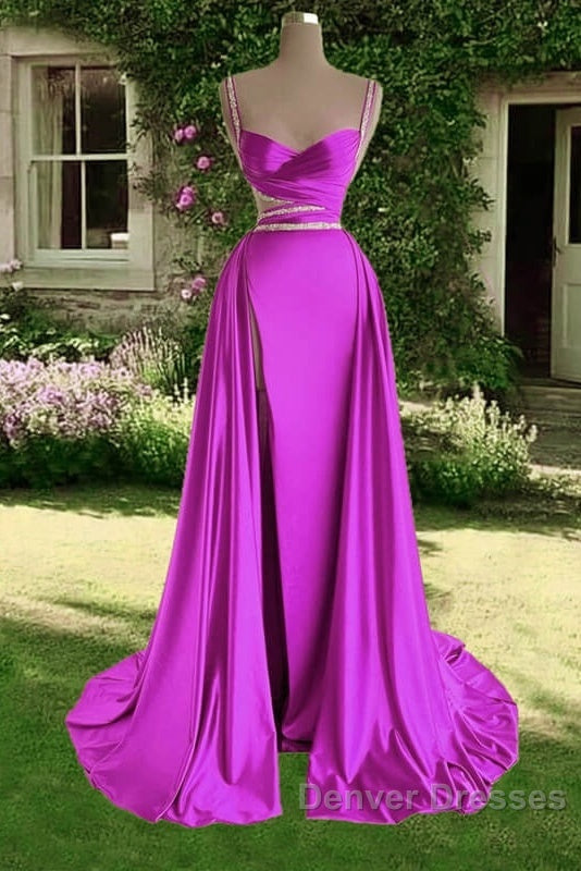 Mermaid Beaded Straps V Neck Slit Dress